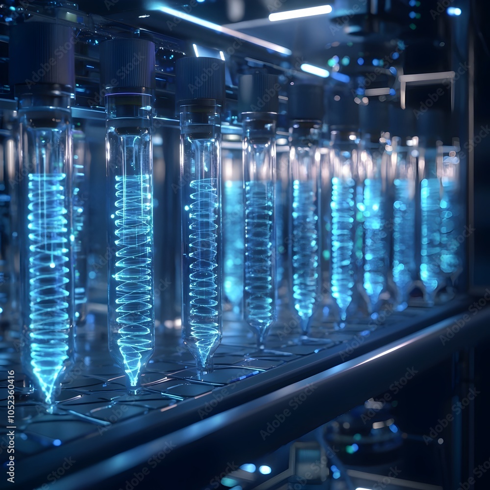 Poster futuristic lab displaying dna as the ultimate data storage medium with vials containing digital info