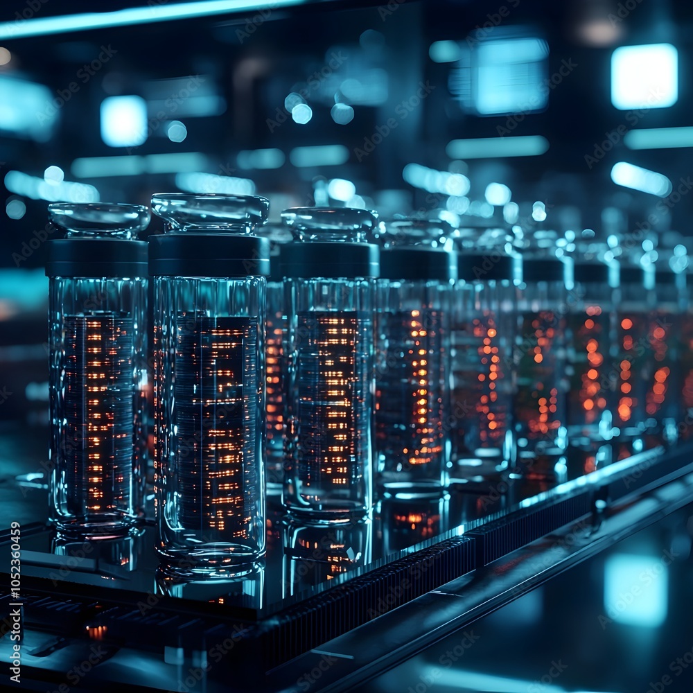 Poster futuristic dna based data storage lab with vials of encoded information