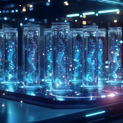 Futuristic Lab Displaying DNA as the Ultimate Data Storage Medium in Glowing Vials