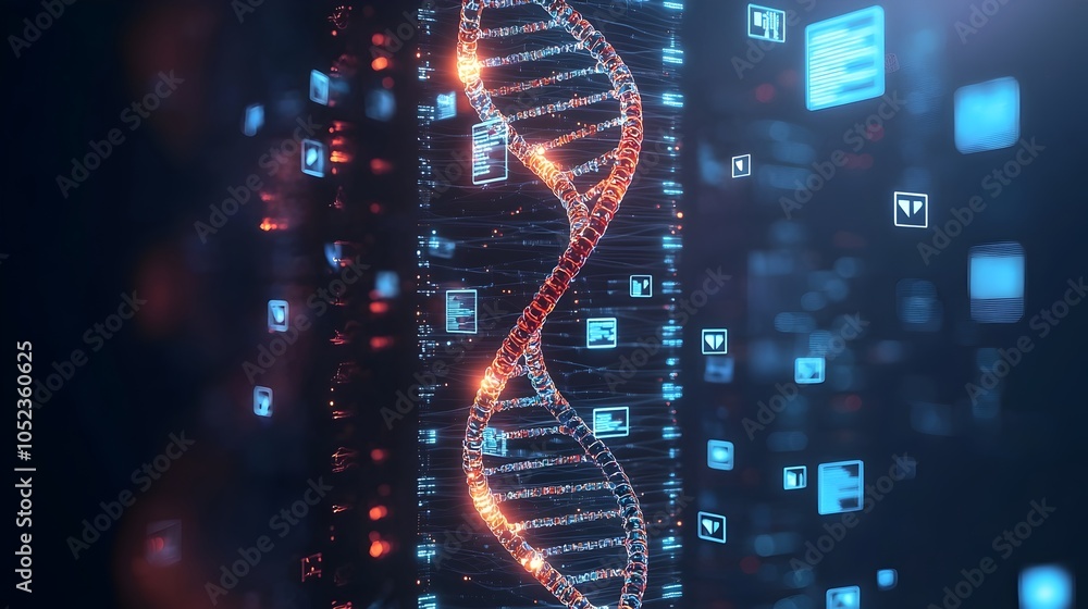 Poster glowing double helix with floating holographic icons showcasing dna data storage potential