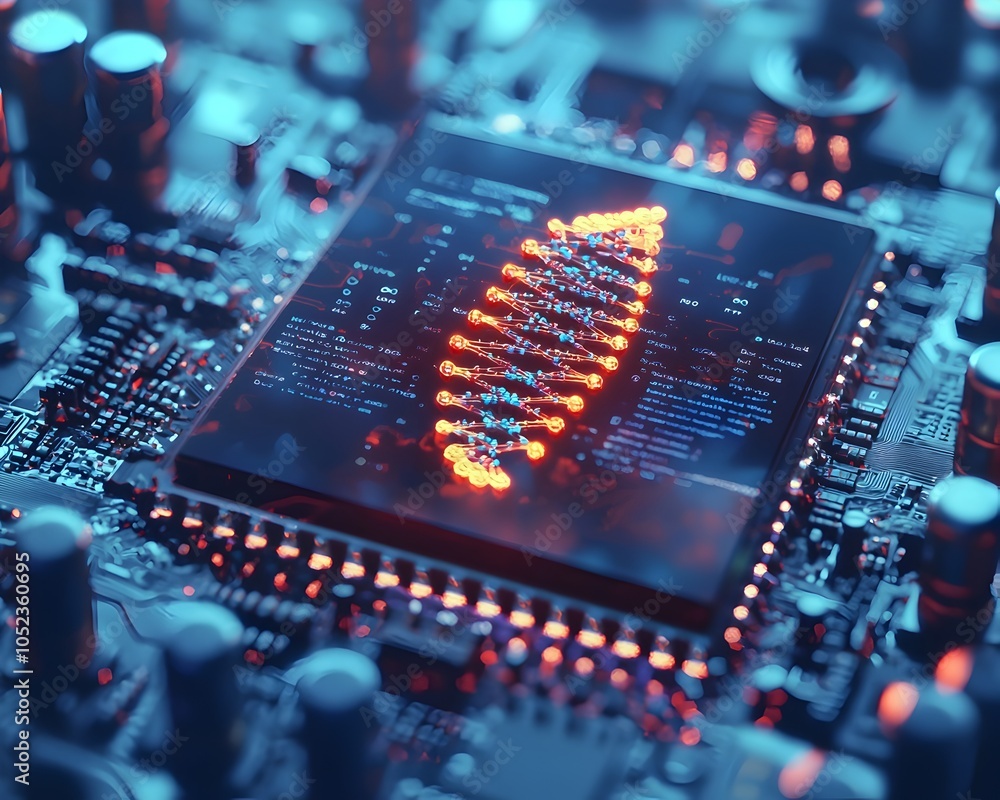 Poster dna data storage chip embedded in computer motherboard representing next gen biological data
