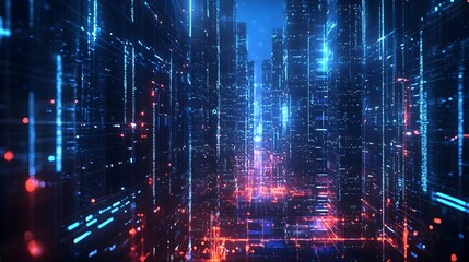 Obraz premium Futuristic Quantum Internet City with Glowing Data Particles Transferring Information