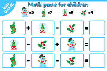 Obraz premium Christmas counting game for children. Mathematical puzzle for preschool and school education kids. Cartoon snowman, Xmas stocking, holiday snow globe, mistletoe. Educational activities page. Vector.