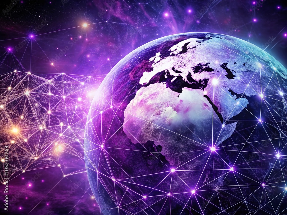 Poster earth plexus purple world background with connected dots and lines - abstract 3d illustration for te