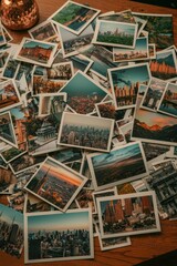 Obraz premium Nostalgic Memories Chaotic Pile of Vintage Photographs on Wooden Surface, Soft Lighting, Warm Tones Memory Lane Collection
