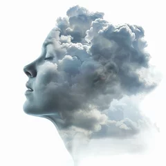 Profile of a serene woman merging with a dramatic cloudscape in a surreal double exposure portrait © nsit0108