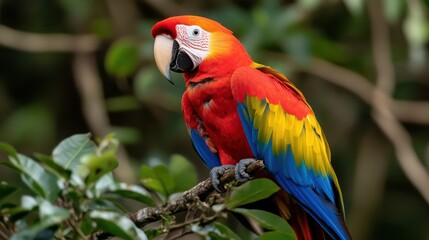 Fototapeta premium Scarlet Macaw Perched on Branch in Lush Greenery