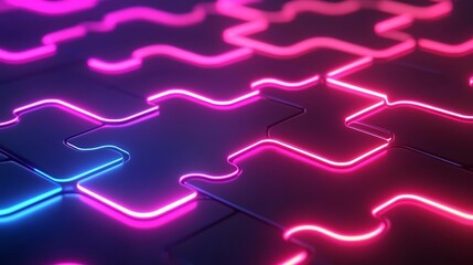 Puzzle pieces with glowing edges interlocking on a neoncolored background, futuristic and creative design concept ,3d illustration
