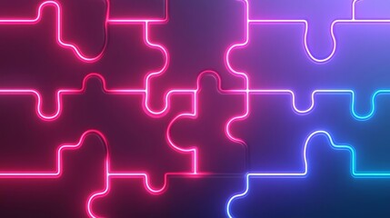 Puzzle pieces with glowing edges interlocking on a neoncolored background, futuristic and creative design concept ,3d illustration
