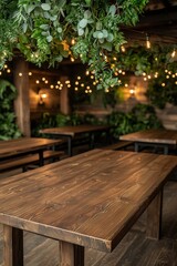Obraz premium Rustic Wooden Table Closeup with Warm Lighting, Cozy Ambiance, and Blurred Greenery Background - Ideal for Advertisements and Invitations
