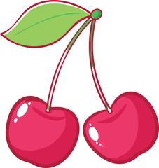 Illustration of cherry with green leaf, Vector illustration of cherry clustered together with a green leaf, showcasing a simple, minimalistic design. 