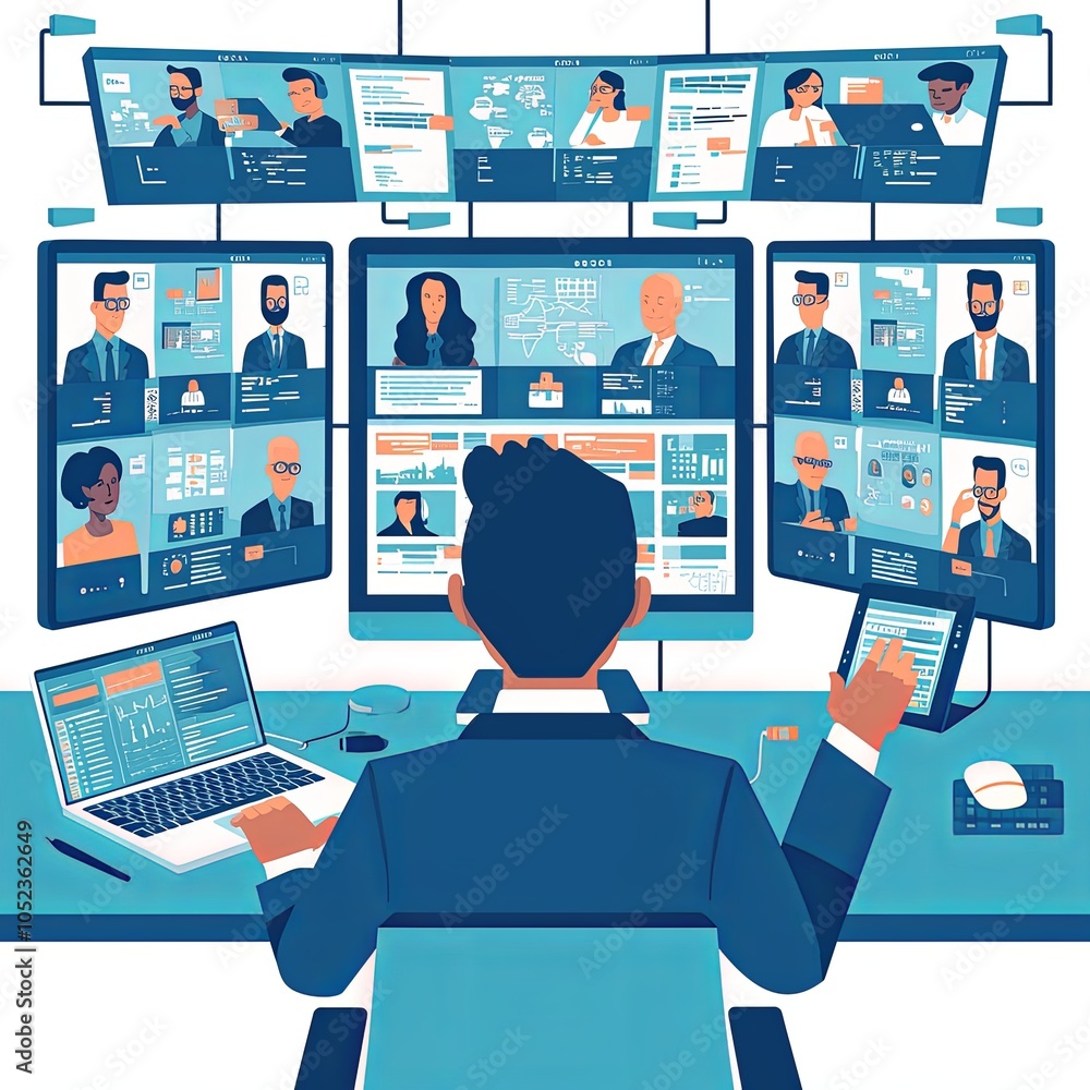 Poster a person analyzes multiple screens showing video calls, charts, and data, focusing on team productiv