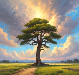 Fototapeta premium Illustration of lonely tree on landscape.