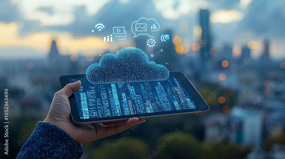 Poster a hand holds a tablet displaying cloud computing icons, symbolizing tech integration with urbanity.