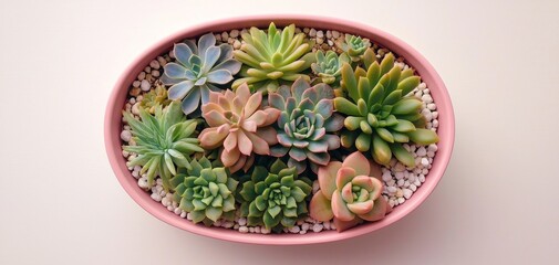 Serenity in Pink Closeup of Succulent Arrangement in Pink Ceramic Bowl on White Woodgrain Background - Botanical Home Decor Concept