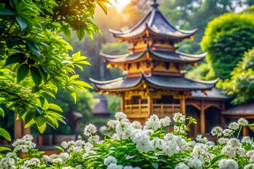 Obraz premium Elegant Architectural Photography with White Flowers and Green Leaves for Nature-Inspired Designs
