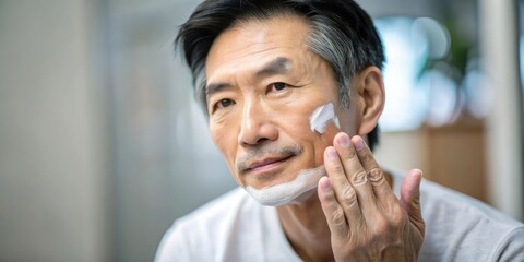 A man applies shaving cream to his face while preparing for a morning shave at home during the early hours of the day