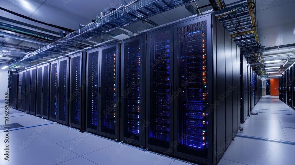Poster modern it server of data center computer racks, it network infrastracture concept