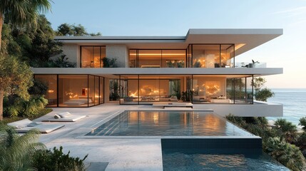 Fototapeta premium A hyper-detailed shot of a modern glass mansion by the beach, with reflections of the ocean on the windows