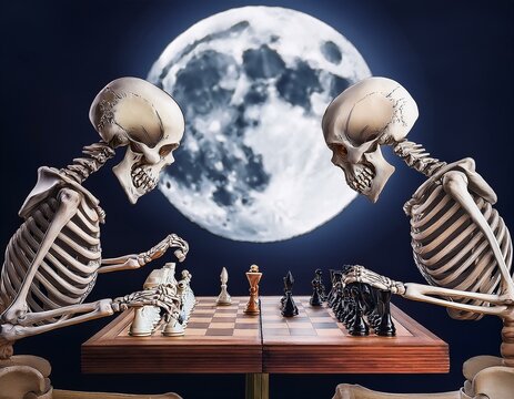 Dos esqueletos enfrentandose en una partida de ajederez