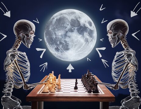 Dos esqueletos enfrentandose en una partida de ajederez