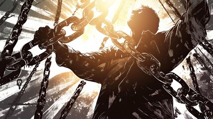 A powerful artistic depiction of a man breaking chains with determination against dynamic and dramatic lighting.