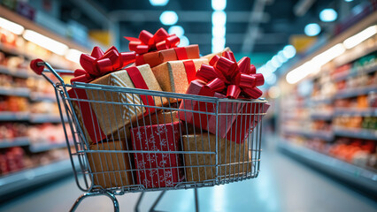 Festive Shopping Cart Overflowing with Wrapped Gifts: Perfect for Holiday Sales Promotions and E-commerce Campaigns