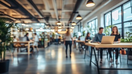 Fototapeta premium modern open space office interior with blurred business colleagues