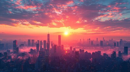 Obraz premium A cityscape is cloaked in the brilliant hues of dawn, as mist intermingles with skyscrapers, embracing a new beginning.