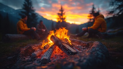 A group of friends sits around a glowing campfire, sipping drinks and enjoying the vibrant sunset over the mountains. The atmosphere is cozy and peaceful, filled with camaraderie.