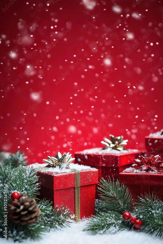Poster a red box with a bow on top sits on a red background with snow falling around it. the scene is festi