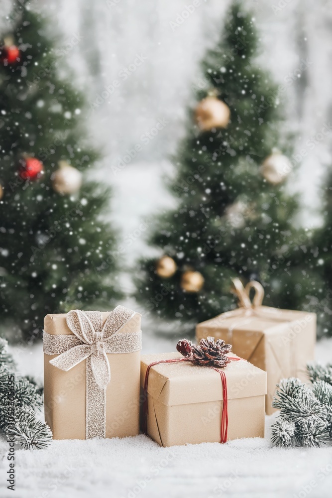 Poster three brown boxes with red bows on them are sitting in front of a tree covered in snow. the boxes ar