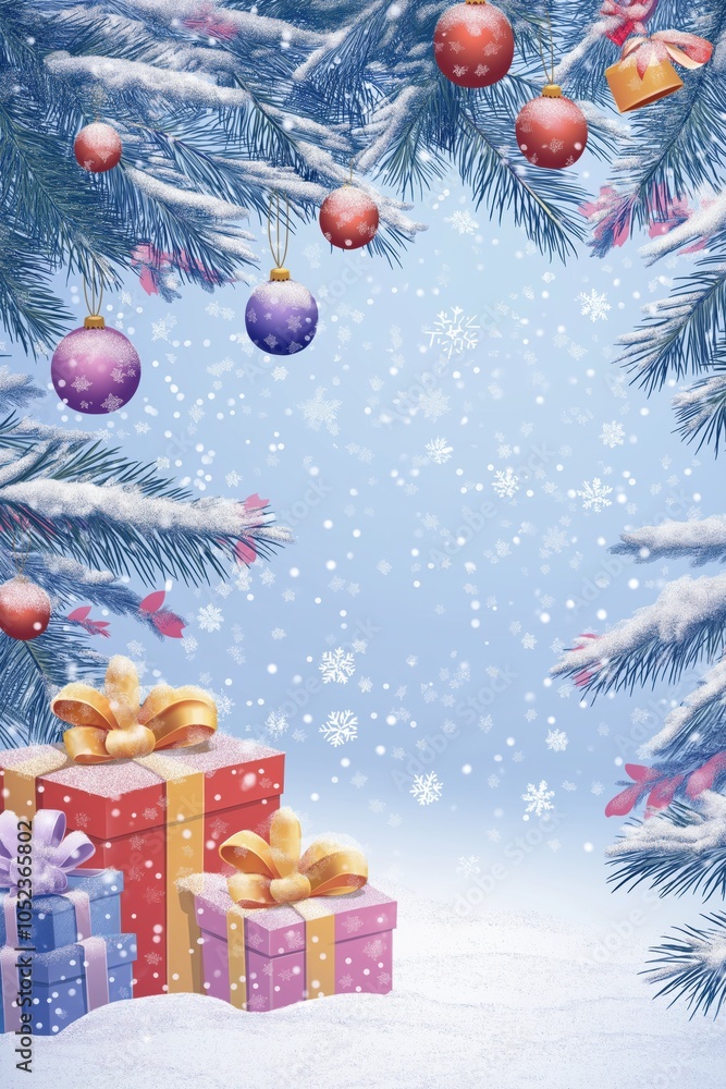 Poster a blue sky with snow falling on a christmas tree. there are three boxes on the ground, one of which 