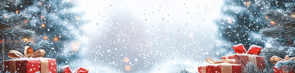 Aufkleber a snowy christmas scene with a red box in the foreground. the box is surrounded by other red boxes a