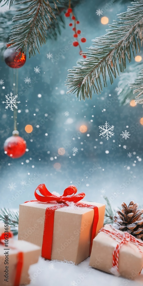 Poster a box with a red ribbon sits on top of two other boxes. the boxes are covered in snow and surrounded