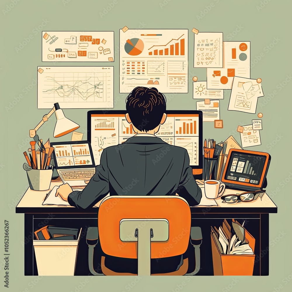 Poster a focused data analyst sits at a desk surrounded by screens filled with graphs, charts, and document