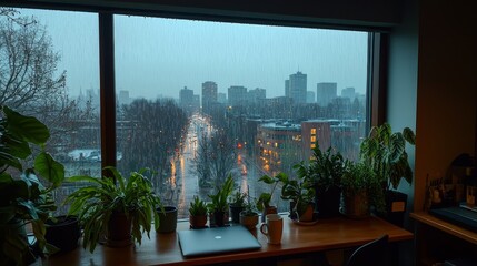 Fototapeta premium Urban Serenity Tranquil Rainy Cityscape View Through Window with Desk and Plants, Calm and Contemplative Mood