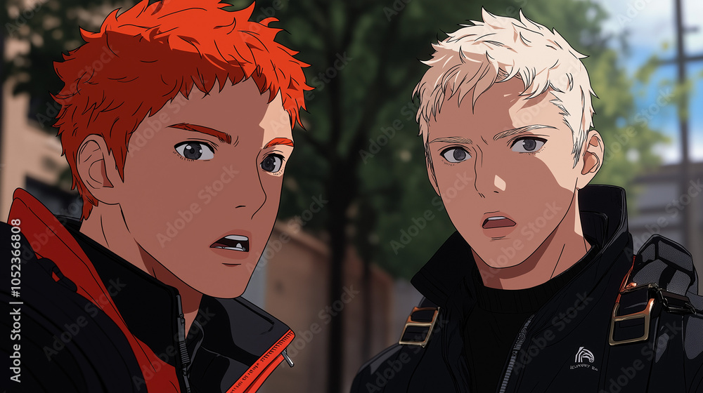 Wall mural two anime boys with surprised expressions wearing jackets outdoors