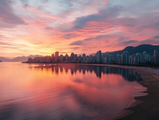 Fototapeta premium Vibrant Cityscape Reflection at Sunset Urban Silhouette in Serene Waters with Mountain Backdrop - Tranquil Urban Oasis