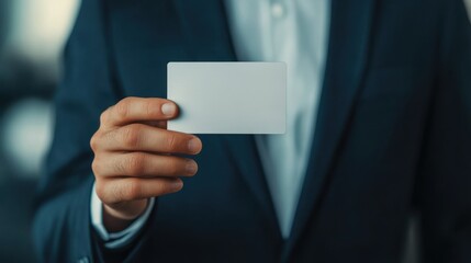 Professional Man in Suit Holding Blank Card