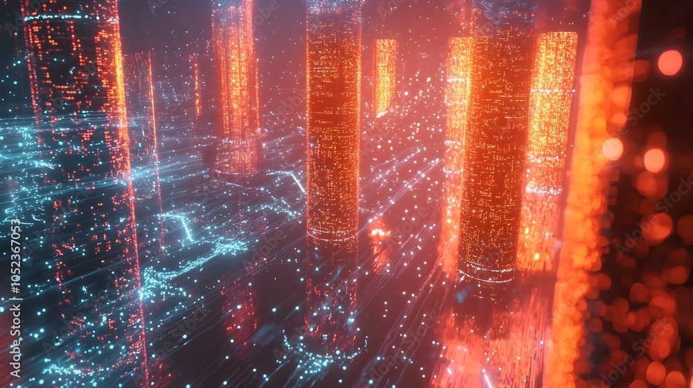 Poster quantum server farm with glowing qubits flowing through towering processors symbolizing quantum inte