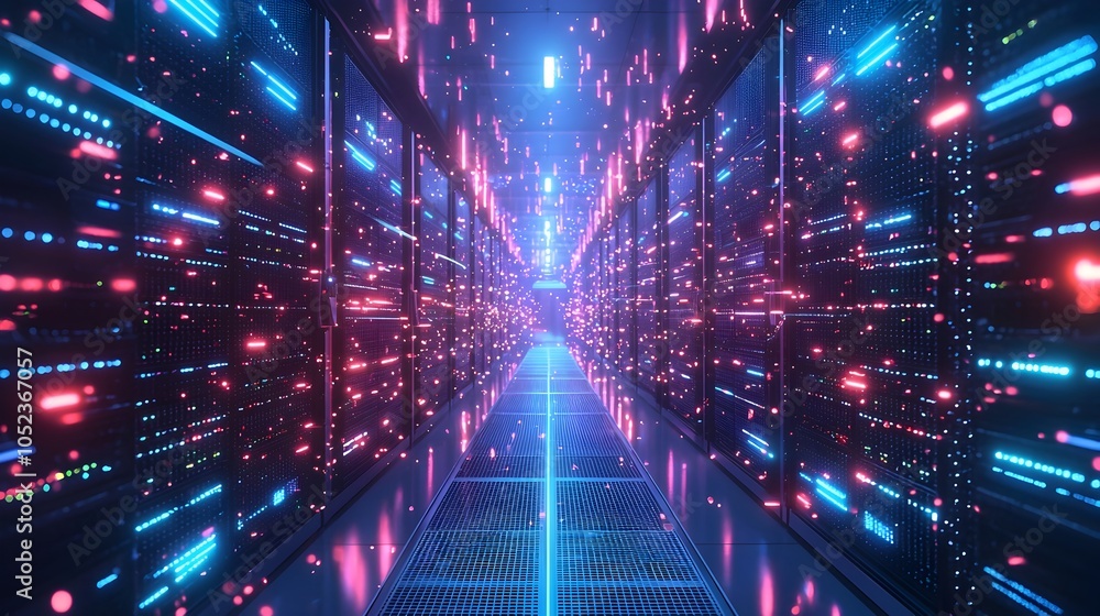 Poster glowing quantum server farm representing rapid quantum communication and the future of the quantum i