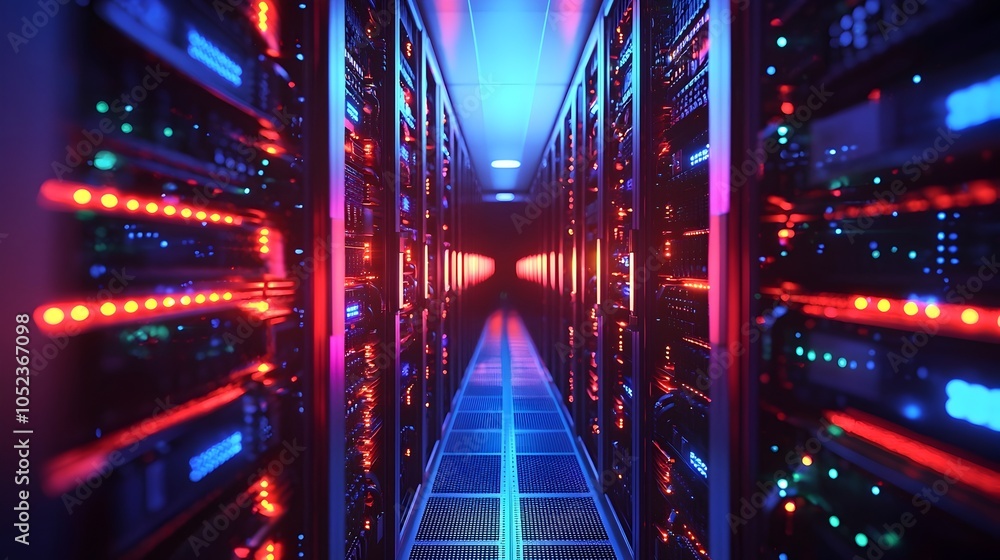 Poster futuristic quantum server farm with glowing qubit streams symbolizing quantum communication speed