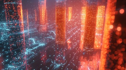 Quantum Server Farm with Glowing Qubits Flowing Through Towering Processors Symbolizing Quantum Internet Concept