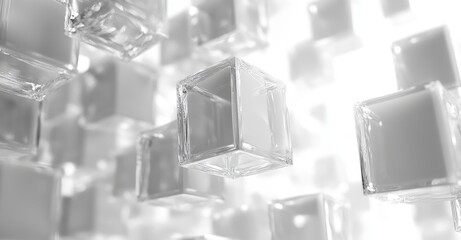 3D rendering of white transparent glass cubes on white background, white soft abstract buissness background	
