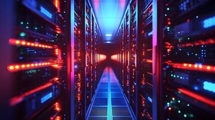 Futuristic Quantum Server Farm with Glowing Qubit Streams Symbolizing Quantum Communication Speed