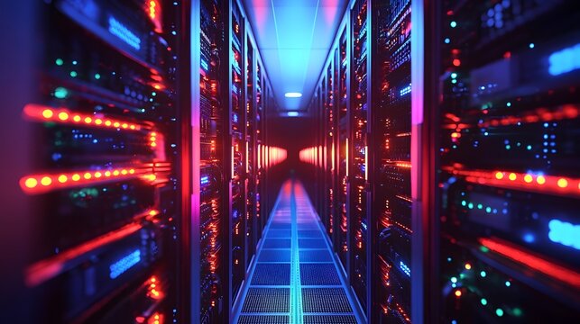 Futuristic Quantum Server Farm with Glowing Qubit Streams Symbolizing Quantum Communication Speed