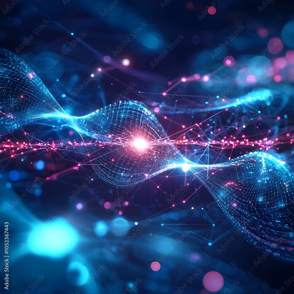 Poster quantum entanglement and data mirroring across devices in a futuristic digital network