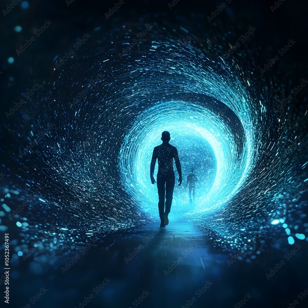 Poster digital avatar stepping into a quantum internet portal connecting to virtual world