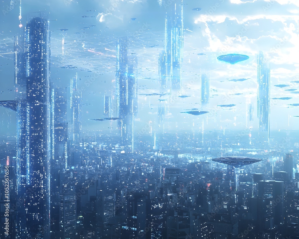 Poster futuristic smart city powered by quantum internet and floating data hubs